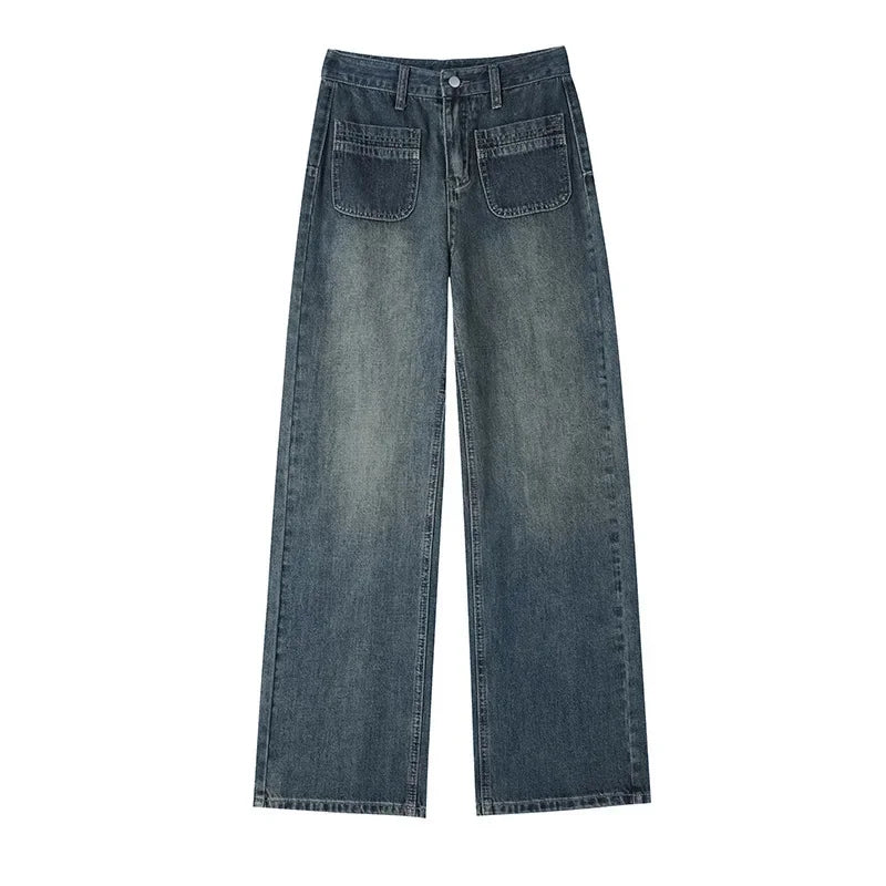 American Style High-waisted Wide-leg Jeans Grey Concrete Pocket Design Unique Straight-leg Pants For Women Petite Drag Trousers