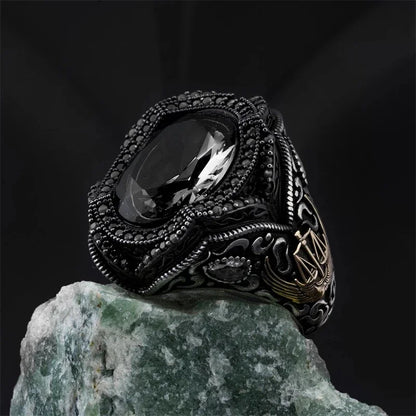 New Copper Material Open Adjustable Ring Black Gemstone Personality High Jewelry Fashion Luxury Business Suitable for Men Gift