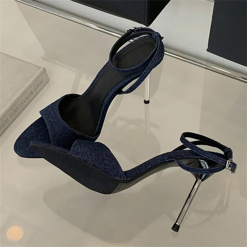 Aneikeh Summer Fashion Blue Female Sandal Open Toe Buckle High Heels Peep Pointed New Denim Stiletto Strap Womens Prom Shoes