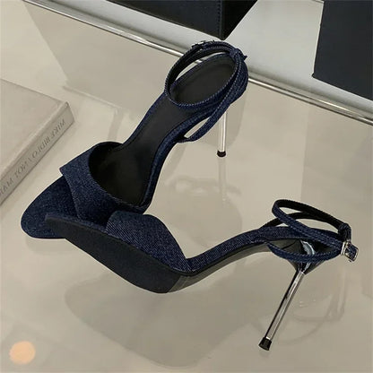 Aneikeh Summer Fashion Blue Female Sandal Open Toe Buckle High Heels Peep Pointed New Denim Stiletto Strap Womens Prom Shoes