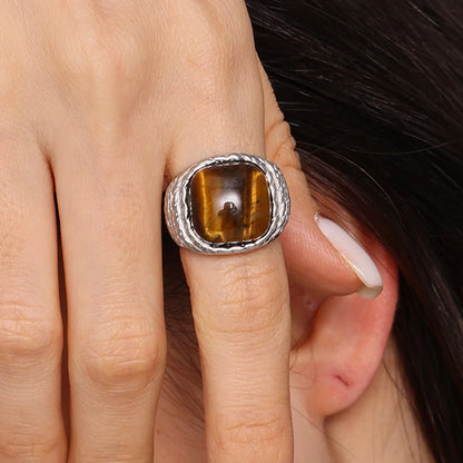 Vintage Knited Design Stainless Steel Rings For Women Pink Square Natural Stone Couple Finger Ring Waterproof Jewelry Gift