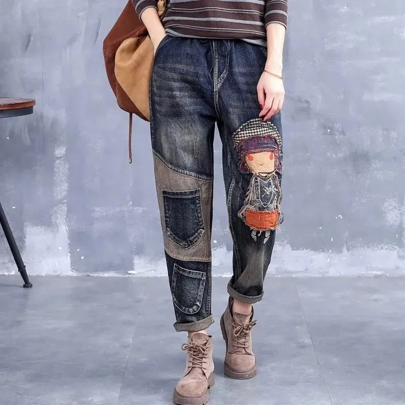 y2k Embroidery Ankle-Length Baggy Jeans Elastic High Waist Capris Lace Up Harem Denim Pants Women Vaquero Oversized 4xl Pantalon