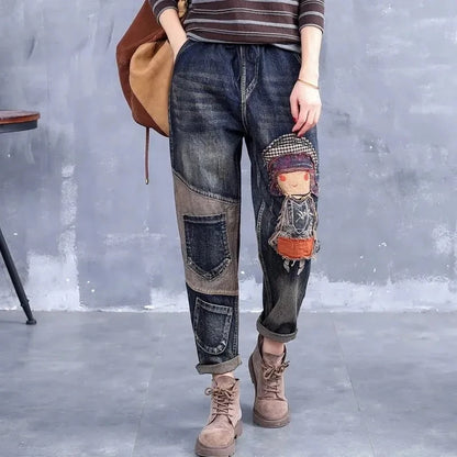 y2k Embroidery Ankle-Length Baggy Jeans Elastic High Waist Capris Lace Up Harem Denim Pants Women Vaquero Oversized 4xl Pantalon