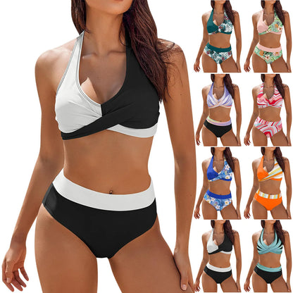 bikini Beach Colour Block Floral Printed Women's Swimsuit High Waist Two Piece For Teenagers biquinis feminino tendência 2024