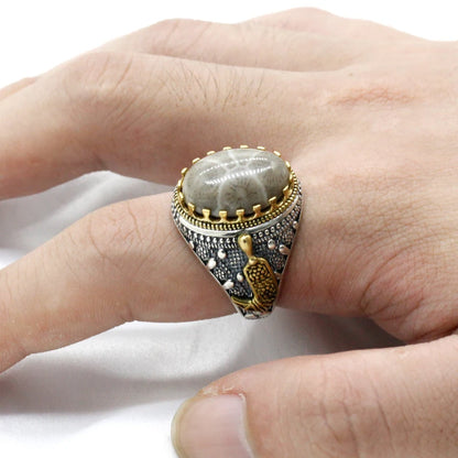 Fashionable men's handmade ring jewelry natural gold coral stone handmade s925 silver ring men's party gift