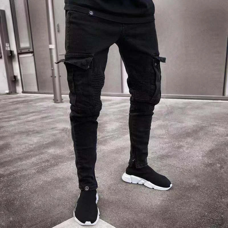 Men's Black Side Many Pockets Cargo Jeans Fashion Hole Zipper Small Foot Denim Pants Cotton Elastic Jogging Trousers Streetwear
