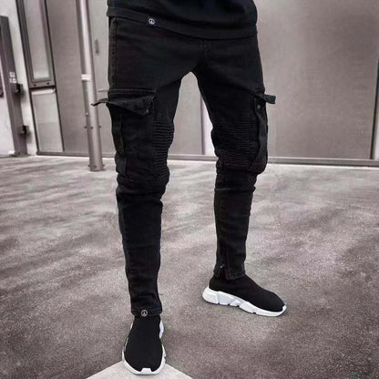 Men's Black Side Many Pockets Cargo Jeans Fashion Hole Zipper Small Foot Denim Pants Cotton Elastic Jogging Trousers Streetwear