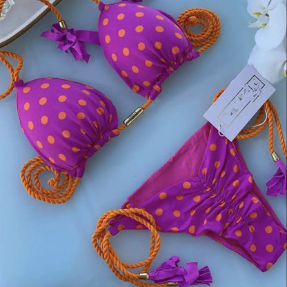 New Ladies Sexy Printed Rope Bikini Split Swimsuit