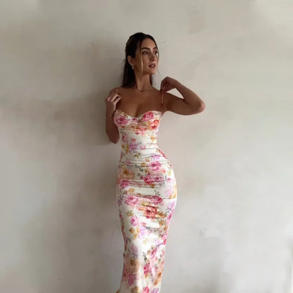 Summer 2025 Women's Floral Print Maxi Dress Sleeveless Beach Style Spaghetti Strap Slim Fit Long Dress for Birthday Party