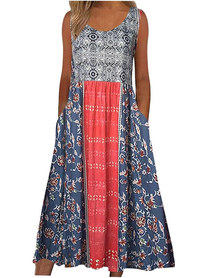 2025 summer new! Women's sleeveless Bohemian floral casual beach MIDI sundress with pockets flowing and loose