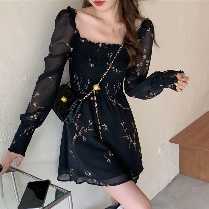 Women Sexy Black Chiffon Dress Spring Vintage Flower Long Puff Sleeve Dresses Korean Casual Mini Vestidos Elegant  Clothes 13676