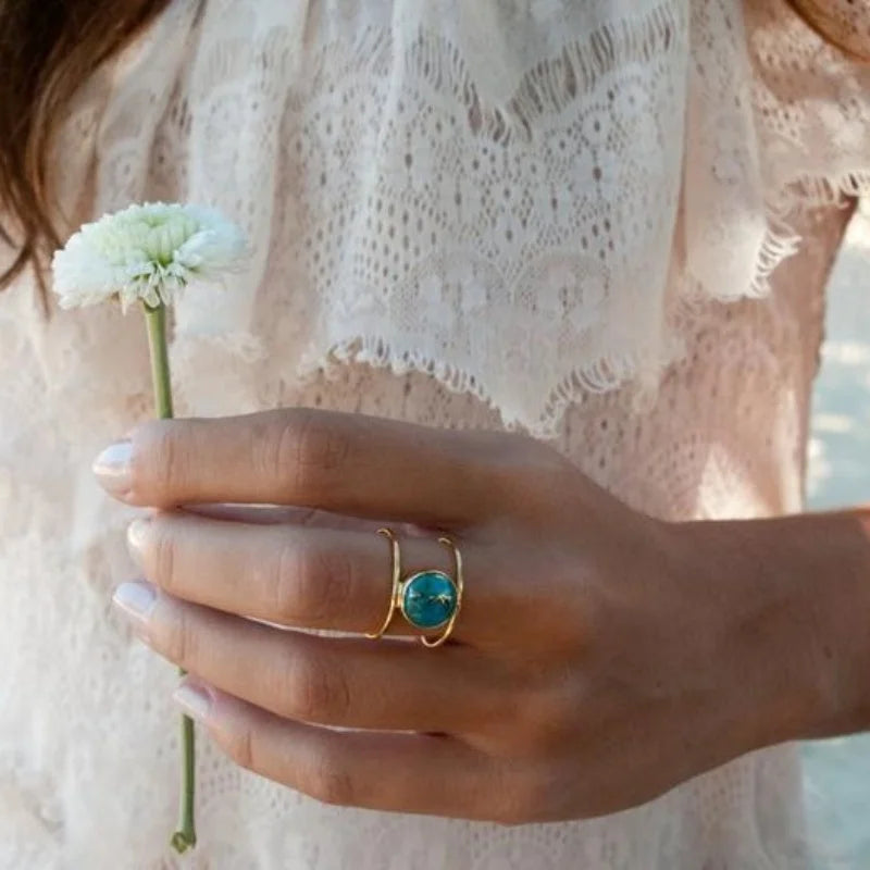  New Bohemian Large Round Turquoise Stone Rings for Women Vintage Double Layer Ring Retro Party Jewelry Boho Band Ring