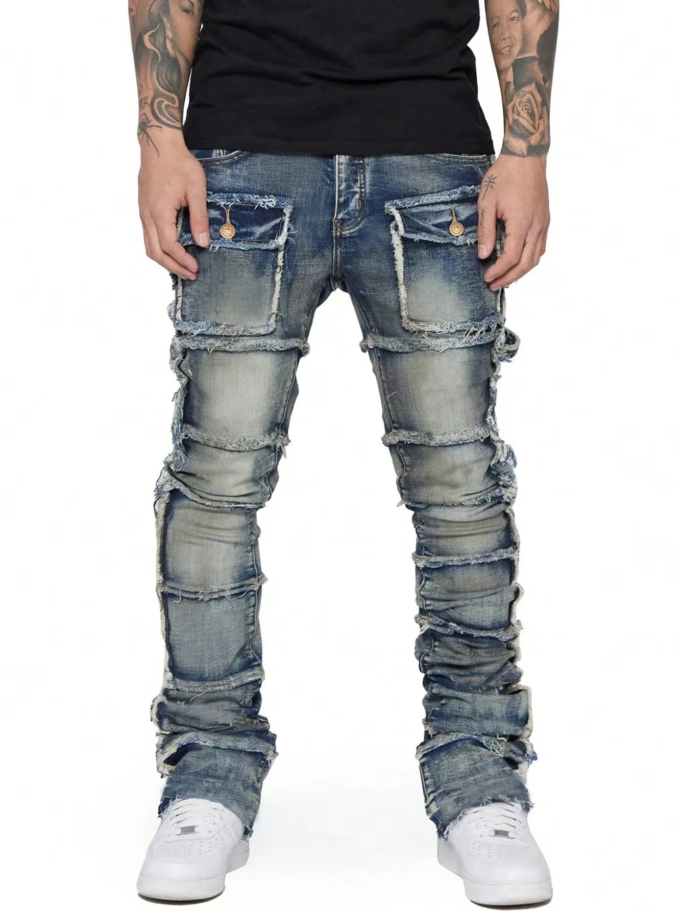 2025 New Men Ripped Stacked Jeans Distressed Slim Fit Skinny Straight Leg Jeans Fashion Hip Hop Denim Pants Casual Streetwear