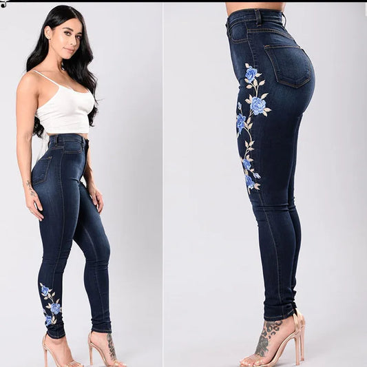 Fashionable Printed and Embroidered High-waisted Skinny Jeans. Four Seasons New Casual, Elastic Comfortable Pencil Pants Women
