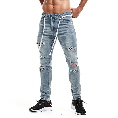 Mens Distressed Pleated Knee Patch Painted Stretch Skinny Jeans Ripped Denim Pants Brand Hip Hop Black Casual Trousers for men
