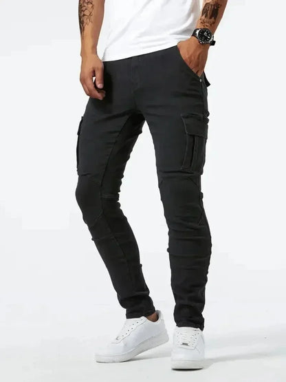 2025 Street Elastic Jeans Men Denim Cargo Pants Wash Solid Color Multi Pockets Casual Mid Waist Trousers Slim Daily Wear Joggers
