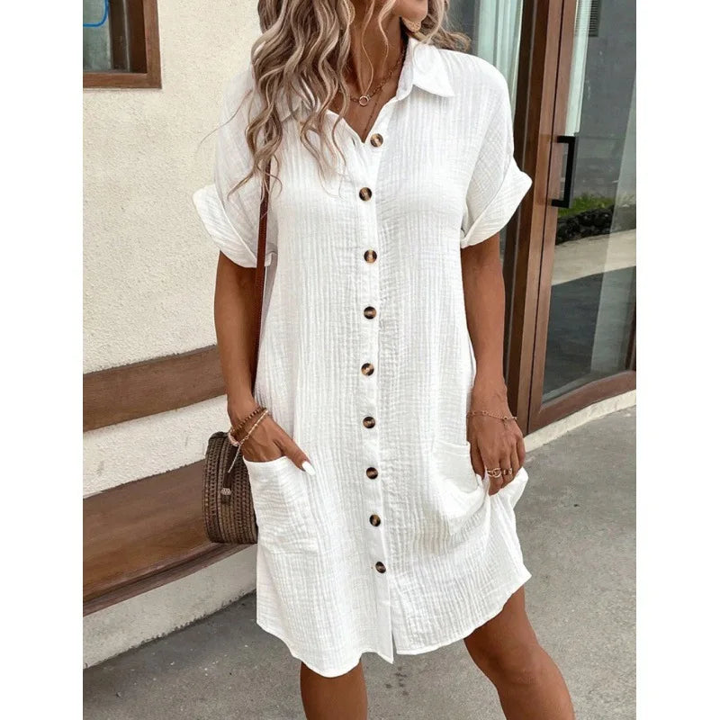 Summer Simple V-neck Button Up Dress Woman Cotton Linen White Short Sleeved Pocket Casual Solid Loose Shirt Mini Dress 2025