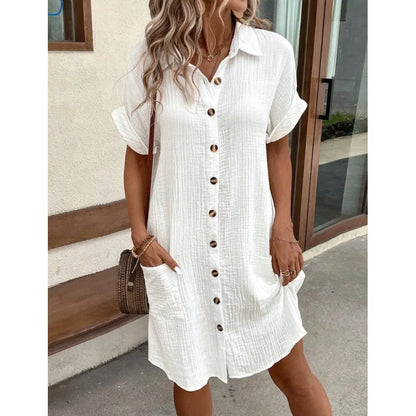 Summer Simple V-neck Button Up Dress Woman Cotton Linen White Short Sleeved Pocket Casual Solid Loose Shirt Mini Dress 2025