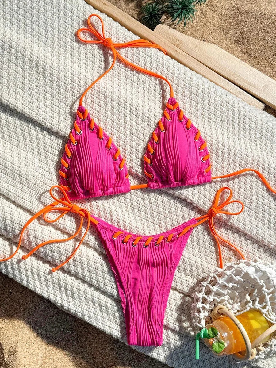 Halter Wrinkled Weave Bikini Women Swimwear Female Swimsuit Two Pieces Bikini Set Brazilian Bathing Suit Swim Beach Wear