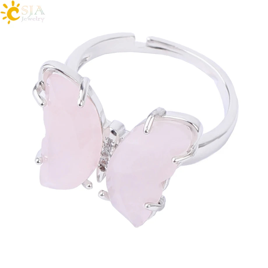 Gold Color Crystal Ring Natural Gemstone Butterfly Rings for Women Amethysts Lapis Lazui Pink Quartz Adjustable Engagement  H125