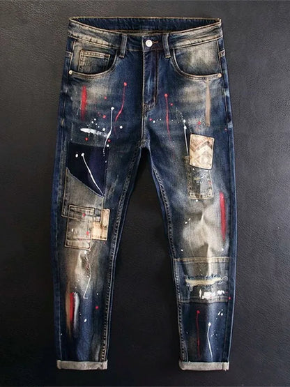 2024 Spring and Autumn New Fashion Trend Printed Straight Leg Stretch Jeans Men's Casual Loose Comfortable High Quality Pants