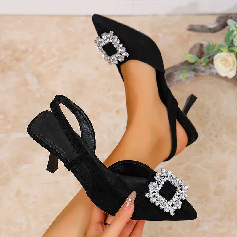 Crystal Square Buckle High Heels Sandals Women Spring Summer Slip On Pointed Toe Pumps Woman Thin Heel Party Wedding Shoes Mujer