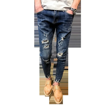 Wholesale 2022 Teenagers Denim Pants Beggar Men\'s Slim-fit Small Feet Frayed Jeans Male Stretch Social Spirit Guy Pencil Pants