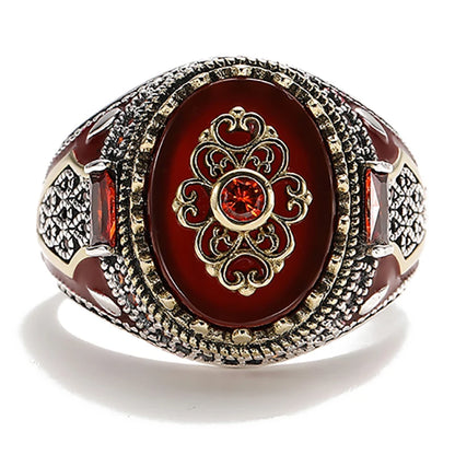 2025 Vintage Carved Pattern Red Zircon Stone Rings For Men Accessories Anniversary Party Gift Fashion Jewelry Handmade Men Rings