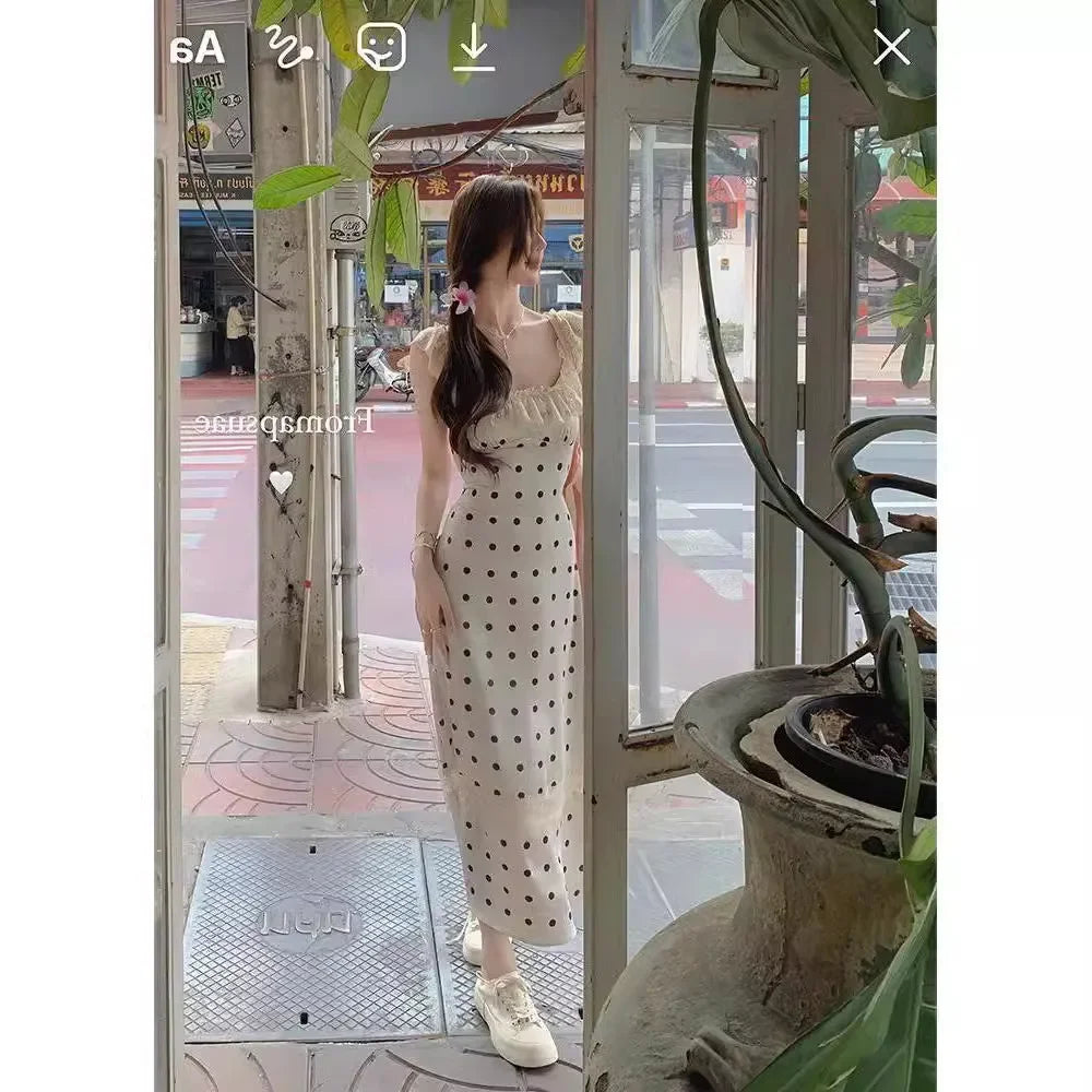 Elegant Slimming Sweet Waist-fitted Long Dress For Women 2024 Summer New Style Open-back Boat Patterned Dress