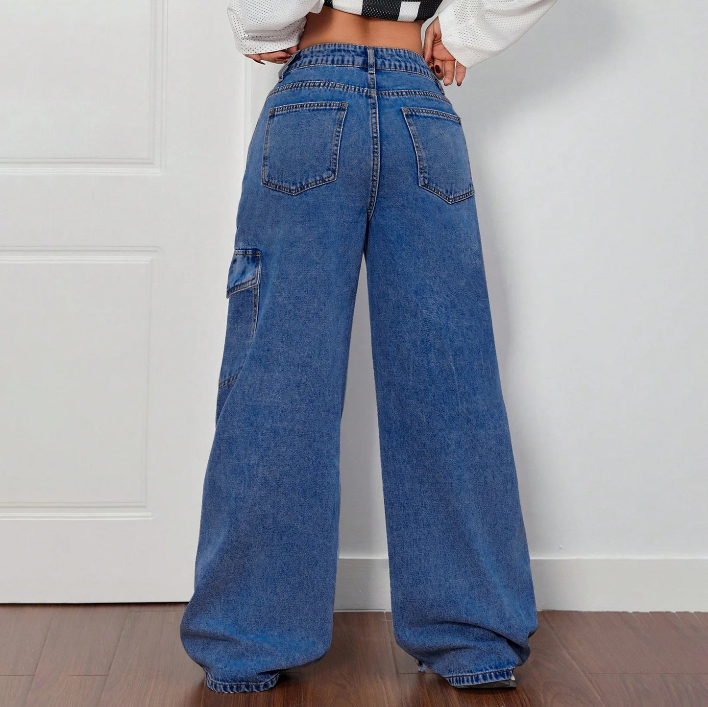 Fashionable lace-up straight-leg jeans. Women's four seasons new Design sense casual loose high-waisted workwear wide-leg jeans