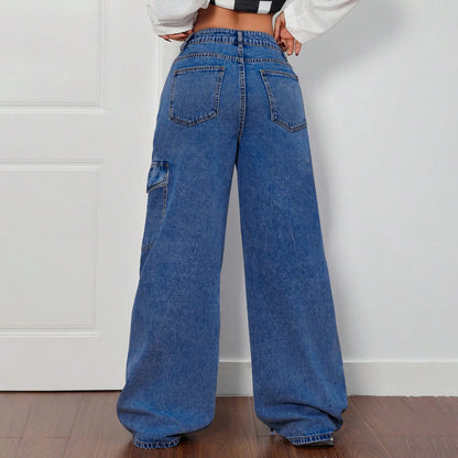 Fashionable lace-up straight-leg jeans. Women's four seasons new Design sense casual loose high-waisted workwear wide-leg jeans