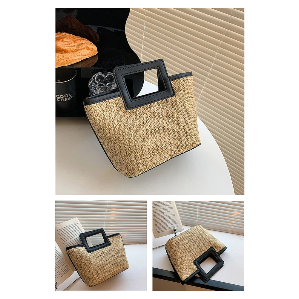 Women Casual Travel Handbag PU Leather Simple Straw Bag Large Capacity Versatile Weaving Bag Female Leisure Bag
