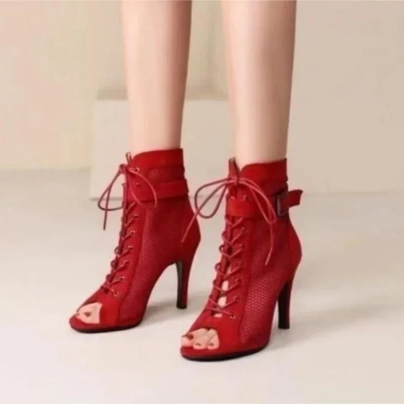 New Noble High Quality Jazz Dance Shoes for Women's Sexy Red  Heels Ankle Boots Peep Toe Zipper Indoor Dancing  Sandals
