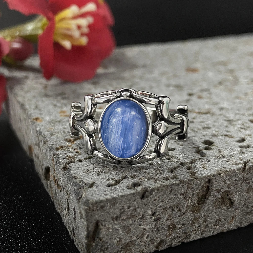 S925 Sterling Sliver Women's Ring with Natural Black Agate Moonstone Stone Hollowed-out 925 Sliver Fine Jewerly Rings for  Women