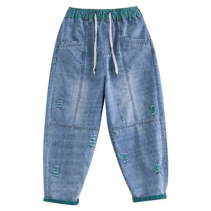Retro Distressed Cropped Jeans Women Spring Summer Loose Slimming Elastic Waist Casual Harem Pants Thin Summer