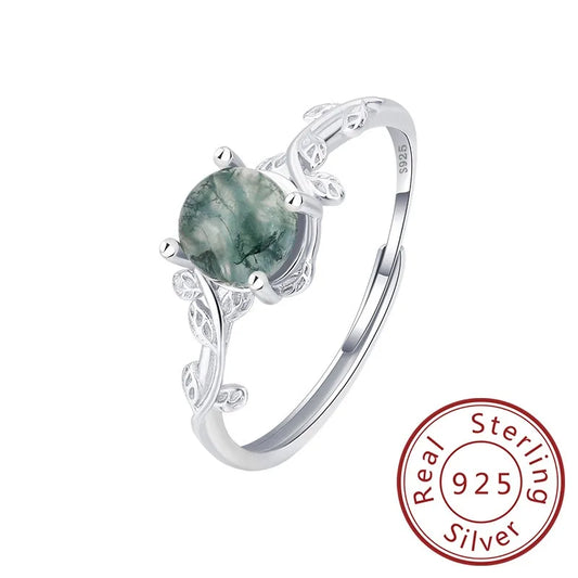 925 Silver Green Moss Ring with Water Grass Agate Stone Unique Elegant European American Style Jewelry Accessory