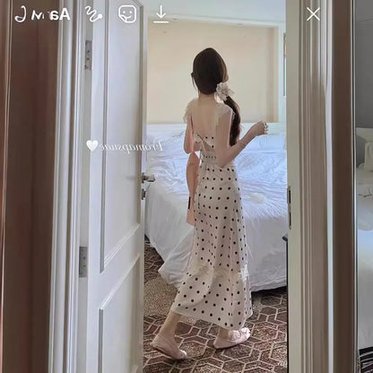 Elegant Slimming Sweet Waist-fitted Long Dress For Women 2024 Summer New Style Open-back Boat Patterned Dress