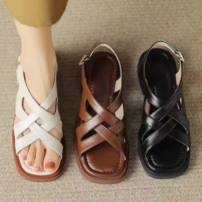 Smile Women Sandals Roman Retro Woven Fashion Sandals Spring New Rubber Low Heel Square Toe Beach Sandals Korean Version Sandals