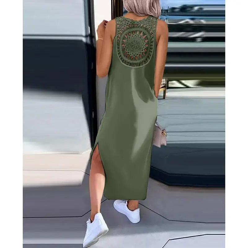 Summer Sleeveless Hollow Sexy Loose Dress Women Fashion Slit Solid Casual Dresses Women Round Neck Mid Length Slim Ladies Dress