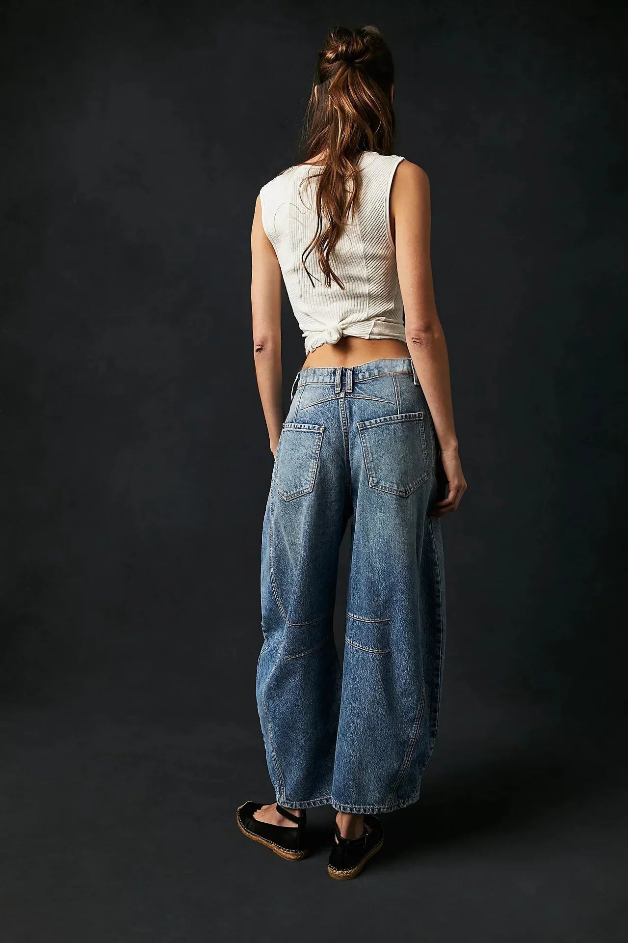 High Stretch Mid-Rise Barrel Jeans Fashion Wide Leg Shape Women Casual Baggy Mid Waist Denim Jeans