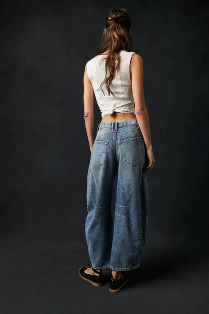 High Stretch Mid-Rise Barrel Jeans Fashion Wide Leg Shape Women Casual Baggy Mid Waist Denim Jeans