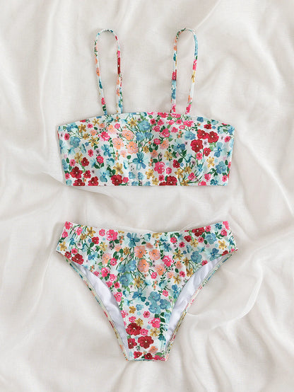 Floral Print Bandeau Bikini Set Off Shoulder Push Up Swimsuit Women Tube Top Bikinis Knot Swimwear  Sexy Summer Bathing Suit