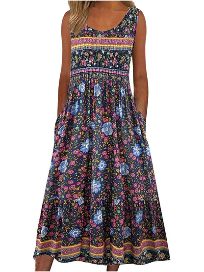 2025 summer new! Women's sleeveless Bohemian floral casual beach MIDI sundress with pockets flowing and loose