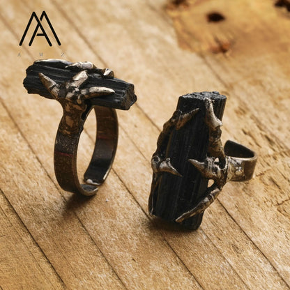 Raw Black Tourmaline Antique Copper Rings For Women Vintage Gemstone Jewelry Handmade Witch Meditation Gifts Wholesales