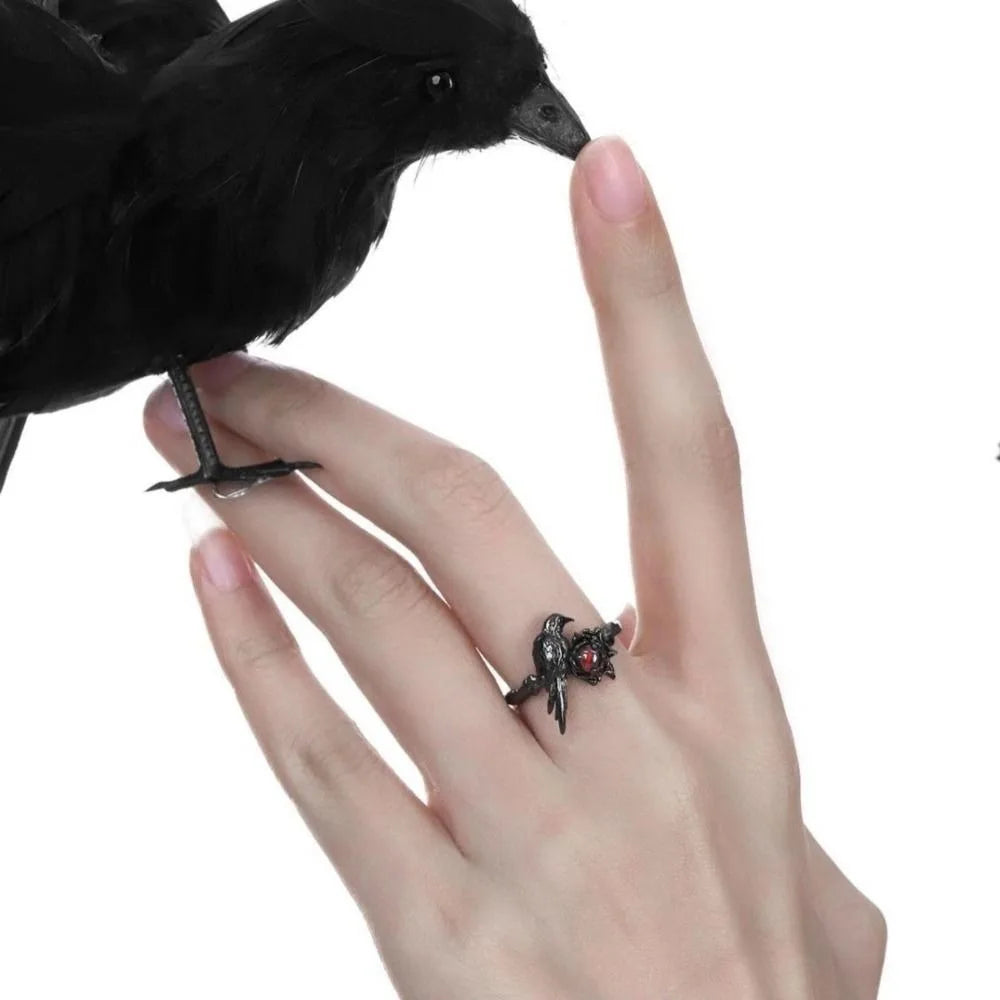 Black Raven Ring Gothic Horror Handmade Artisan Rings Promise Red Cubic Zirconia Adjustable Rings Jewelry Gift for Women Men