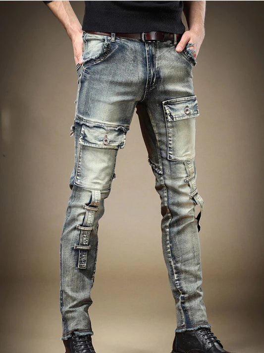 2025 Fashion Jeans men's Personality Multi-Pocket Trend Slim Fit Pants Elastic Streetwear Boyfriend Biker Man Straight Trousers