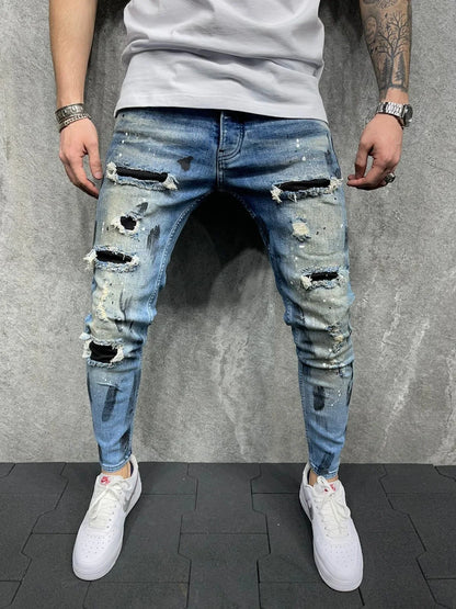 Men's Slim Fit Ripped Ankle Pants Painted Jeans