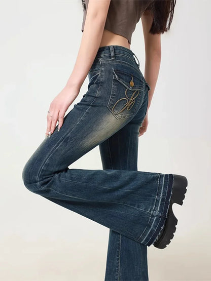 Women's Blue Y2k Flare Jeans Baggy Harajuku Streetwear Aesthetic Denim Trousers Jean Pants Oversize Vintage 2000s Trashy Clothes