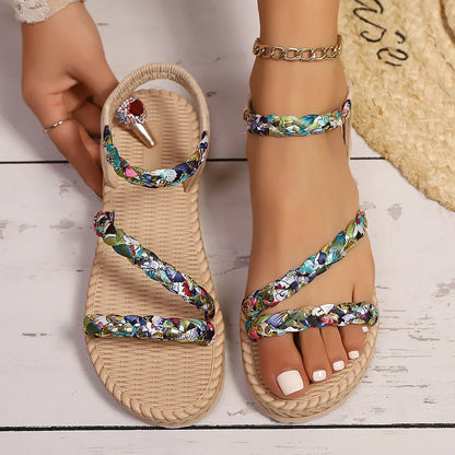 Floral Printing Flat Sandals for Women Summer 2025 Lightweight Slip On Beach Shoes Woman Braided Band Bohemian Sandalas Mujer