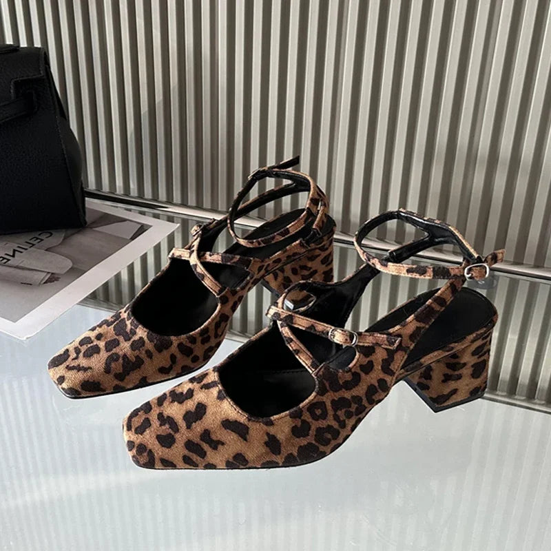 Eilyken New Fashion Leopard Print Narrow Band Buckle Strap Women Pumps  Elegant Square Toe High Heels Wedding Party Shoes